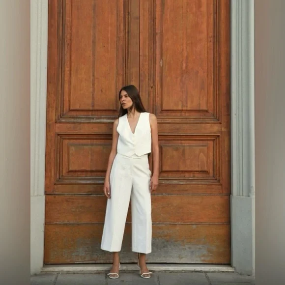 Zara Tailored White Cropped Pant Oyster White - Size S - Picture 1 of 4